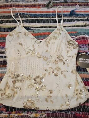 Y2k Top Rhinestones Beaded Tank Top White  Beaded Y2k Style Tank Medium Vintage
